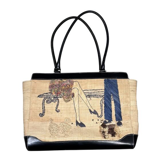 Summer Tompkins Vintage Embroidered Straw Park Scene Handbag - Picture 7 of 10